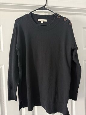 LOFT Black Crewneck Sweater with Shoulder Buttons